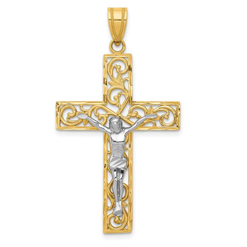 Image of 14K Yellow Gold 2-Tone Shiny-Cut Large Block Filigree Cross w/ Crucifix Pendant