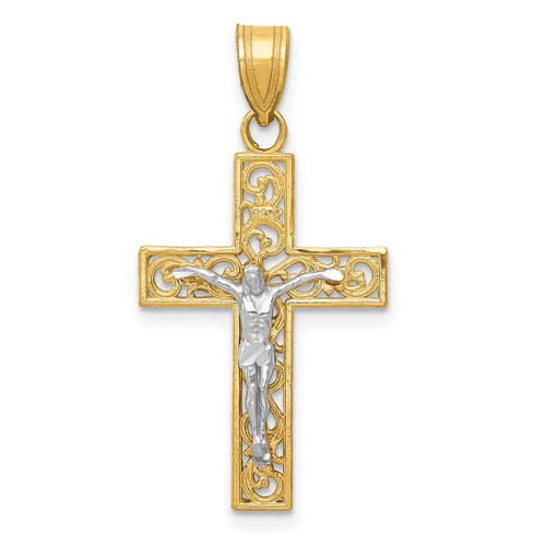 Image of 14K Yellow Gold 2-Tone Shiny-Cut Small Block Filigree Cross w/ Crucifix Pendant