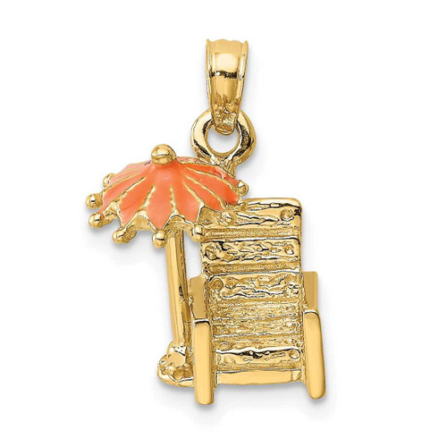 Image of 14K Yellow Gold 3-D Beach Chair w/ Orange Enameled Umbrella Pendant