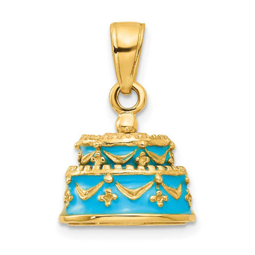 Image of 14K Yellow Gold 3-D Blue Enameled Happy Birthday Cake Pendant