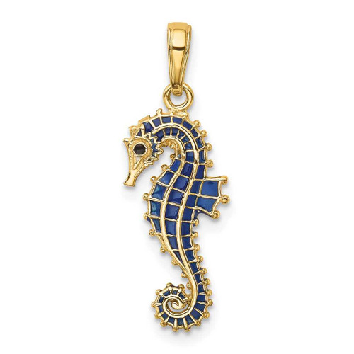 Image of 14K Yellow Gold 3-D Blue Enameled Seahorse Pendant K4181