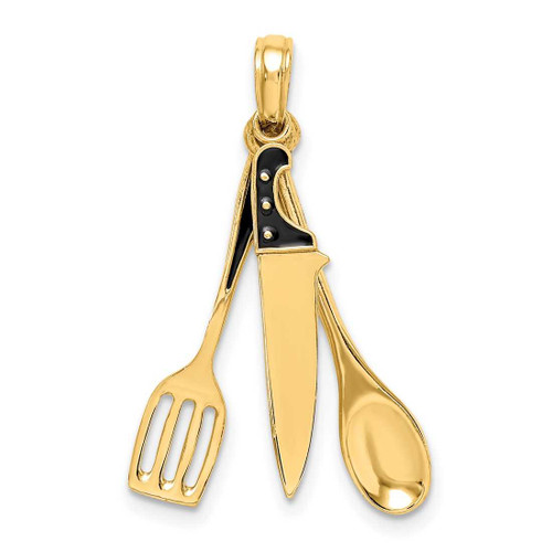Image of 14K Yellow Gold 3-D Enamel Butcher Knife, Spoon & Spatula Moveable Pendant