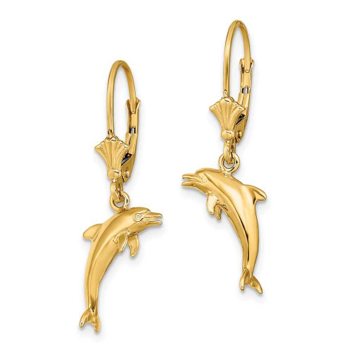 Image of 31.2mm 14K Yellow Gold 3-D Mini Dolphin Jumping Leverback Earrings