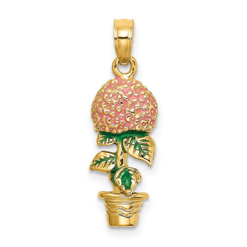 Image of 14K Yellow Gold 3-D Pink Hydrangea Flowers In Pot Pendant