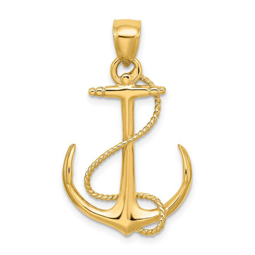 Image of 14K Yellow Gold 3-D Polished & Textured Anchor w/ Rope Pendant