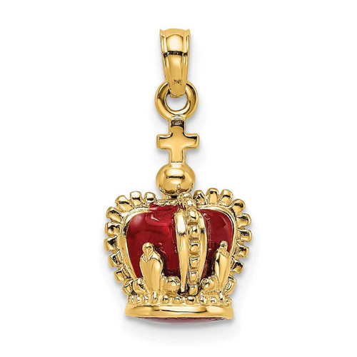 Image of 14K Yellow Gold 3-D w/ Red Enamel Inside Crown w/ Cross On Top Pendant