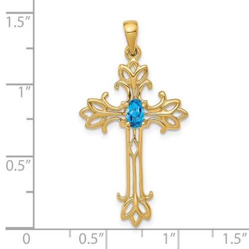 Image of 14K Yellow Gold 5x3mm Oval Blue Topaz cross pendant