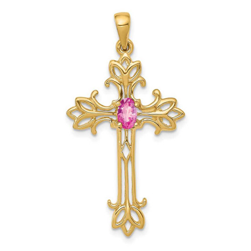 Image of 14K Yellow Gold 5x3mm Oval Pink Sapphire cross pendant