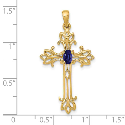 Image of 14K Yellow Gold 5x3mm Oval Sapphire cross pendant