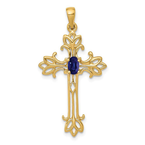 Image of 14K Yellow Gold 5x3mm Oval Sapphire cross pendant