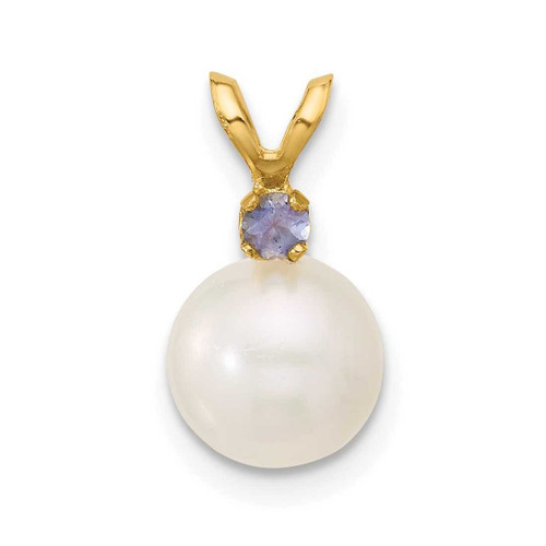 Image of 14K Yellow Gold 7-7.5mm White Round Freshwater Cultured Pearl Tanzanite Pendants