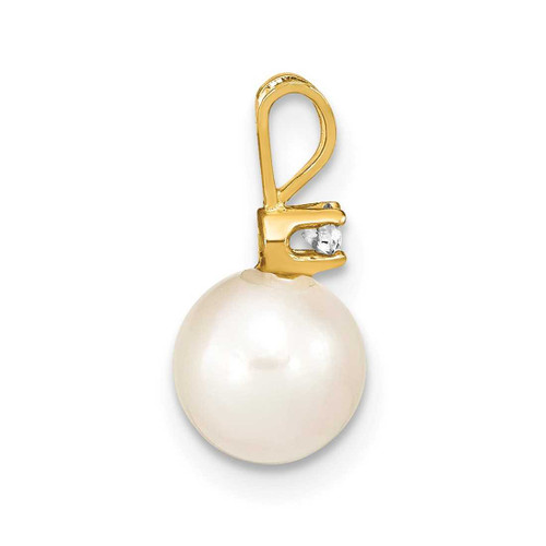 Image of 14K Yellow Gold 7-8mm Round White Saltwater Akoya Cultured Pearl Diamond Pendant