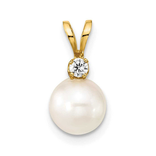 Image of 14K Yellow Gold 7-8mm Round White Saltwater Akoya Cultured Pearl Diamond Pendant