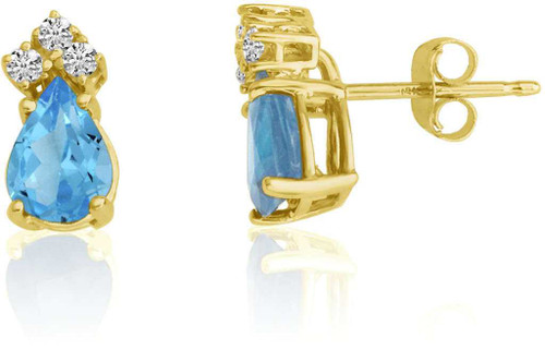 Image of 14K Yellow Gold 7X5 Pear Blue Topaz & Diamond Earrings
