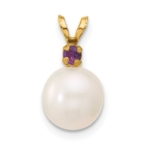 Image of 14K Yellow Gold Amethyst 8-8.5mm White Round Freshwater Cultured Pearl Pendant