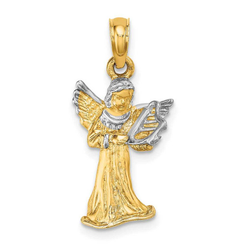 Image of 14K Yellow Gold and Rhodium 3-D Angel Playing Harp Pendant