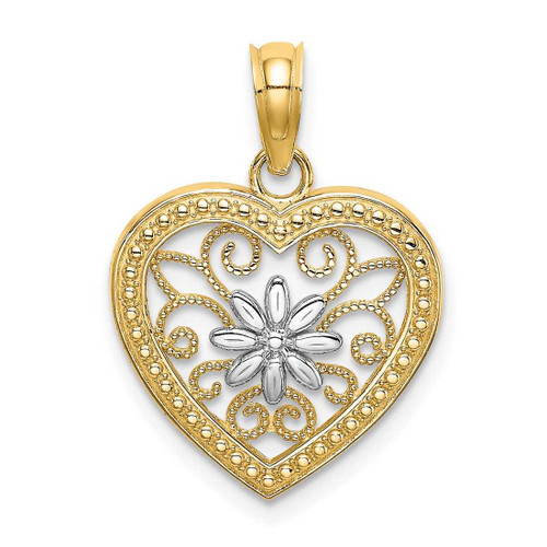 Image of 14K Yellow Gold and Rhodium Beaded Heart w/ Flower & Filigree Pendant