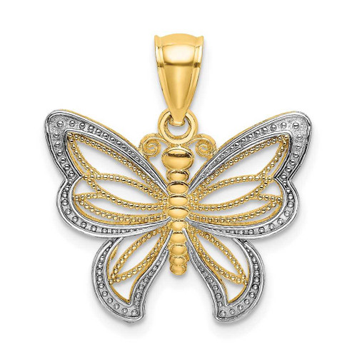 Image of 14K Yellow Gold and Rhodium Butterfly w/ White Beaded Wings Pendant K9237