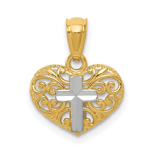 Image of 14K Yellow Gold and Rhodium Cross In Heart Pendant
