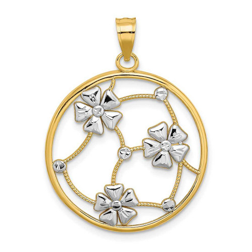 Image of 14K Yellow Gold and Rhodium Flowers In Beaded Round Frame Pendant