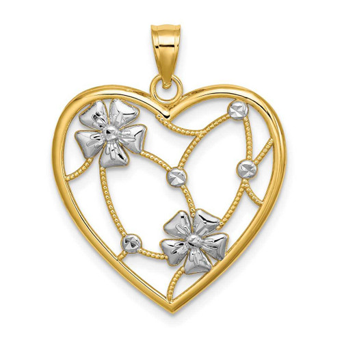Image of 14K Yellow Gold and Rhodium Flowers In Heart Frame Pendant