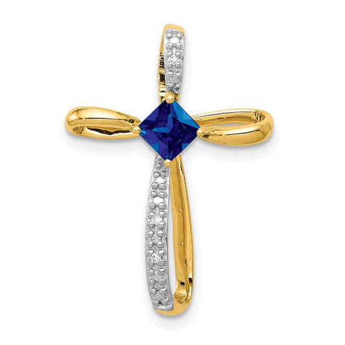 Image of 14K Yellow Gold and Rhodium Lab Created Sapphire and Diamond Cross Pendant
