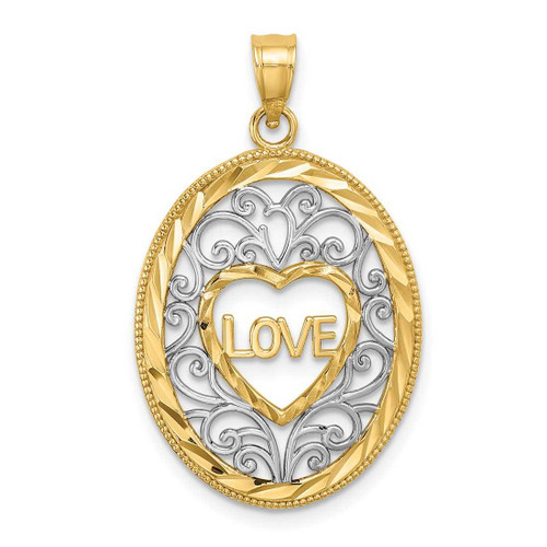Image of 14K Yellow Gold and Rhodium Love w/ Filigree Accent Inside Oval Frame Pendant