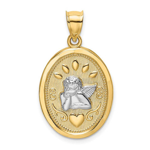 Image of 14K Yellow Gold and Rhodium Oval Engraved Disc & Cherub w/ Heart Pendant