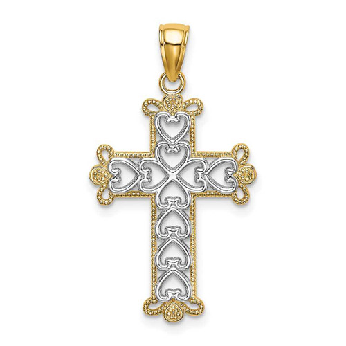 Image of 14K Yellow Gold and Rhodium Polished & Textured Beaded Cross Pendant