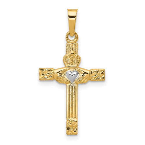 Image of 14K Yellow Gold and Rhodium Polished Claddagh Cross Pendant