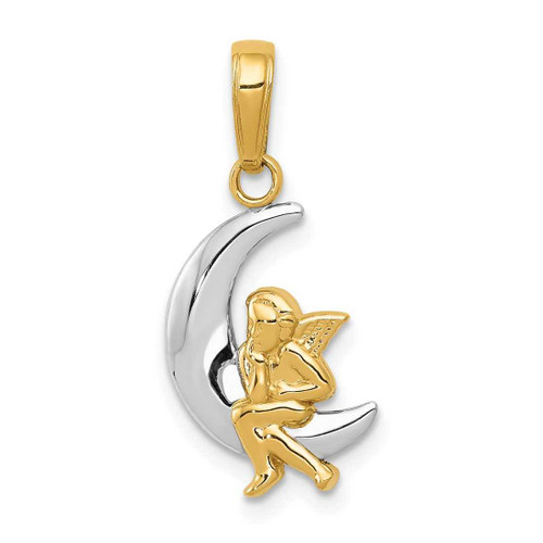 Image of 14K Yellow Gold and Rhodium Polished Moon w/ Angel Pendant