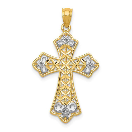 Image of 14K Yellow Gold and Rhodium Polished Shiny-Cut Filigree Cross Pendant K6176