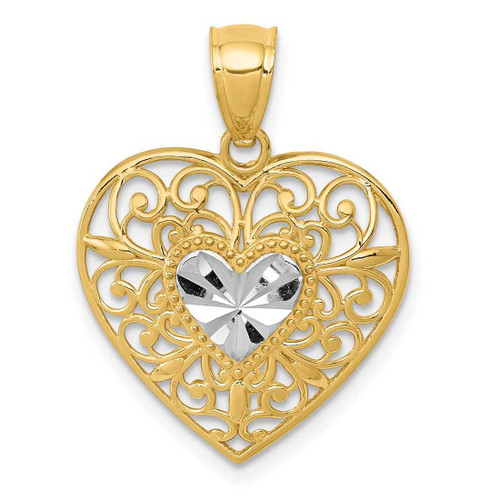 Image of 14K Yellow Gold and Rhodium Polished Shiny-Cut Filigree Heart Pendant K2527