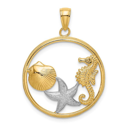 Image of 14K Yellow Gold and Rhodium Scallop, Starfish & Seahorse In Round Frame Pendant