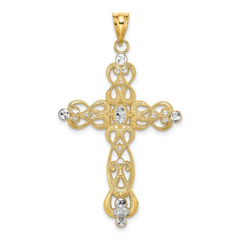 Image of 14K Yellow Gold and Rhodium Scroll Design & Shiny-Cut Cross Pendant