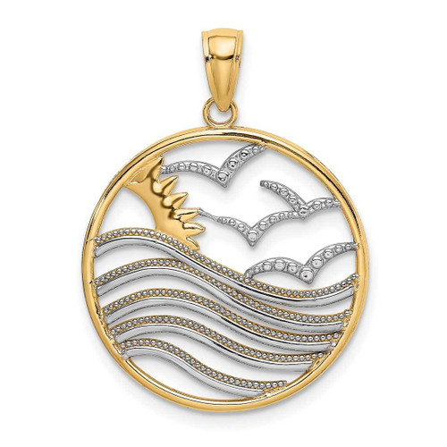 Image of 14K Yellow Gold and Rhodium Sunset, Water & Seagulls In Found Frame Pendant