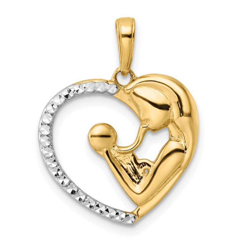 Image of 14K Yellow Gold and White Rhodium Diamond-cut Mother and Baby Heart Pendant