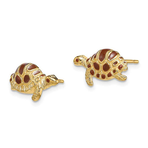 Image of 15mm 14K Yellow Gold Brown Enamel Turtle Post Earrings