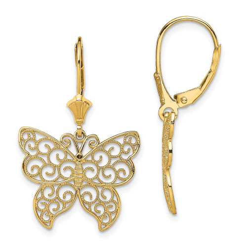 Image of 32.6mm 14K Yellow Gold Butterfly w/ Beaded Filigree Wings Leverback Earrings