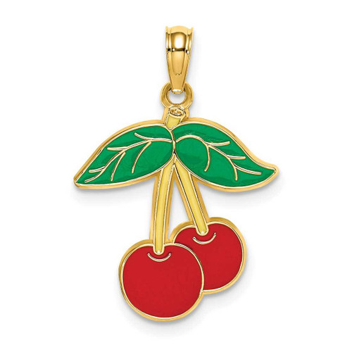 Image of 14K Yellow Gold Cherries With Enamel Leaf Pendant