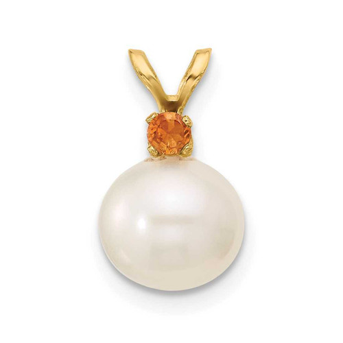 Image of 14K Yellow Gold Citrine 8-8.5mm White Round Freshwater Cultured Pearl Pendant