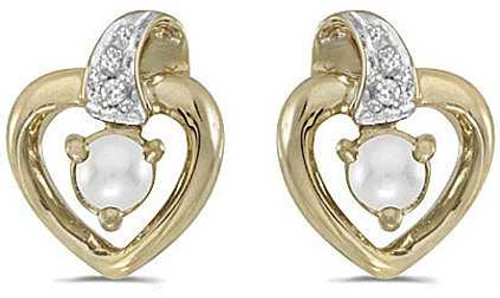 Image of 14k Yellow Gold Cultured Freshwater Pearl And Diamond Heart Stud Earrings