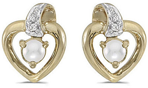14k Yellow Gold Cultured Freshwater Pearl And Diamond Heart Stud Earrings