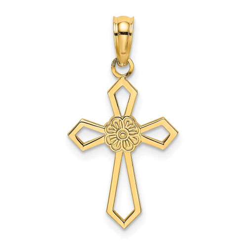 Image of 14K Yellow Gold Cut-Out & Flat Cross w/ Flower Pendant