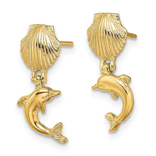 Image of 18.3mm 14K Yellow Gold Dolphin Dangle From Mini Scallop Earrings