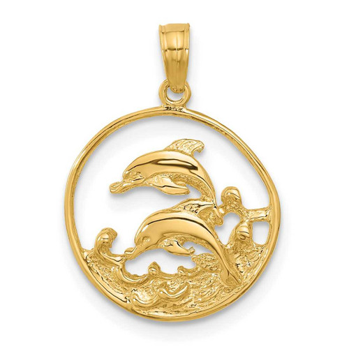 Image of 14K Yellow Gold Double Dolphin Circle Pendant