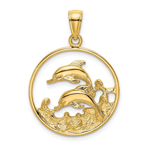 Image of 14K Yellow Gold Double Dolphins In Circle Pendant