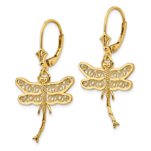 Image of 37mm 14K Yellow Gold Dragonfly w/ Filigree Wings Leverback Earrings