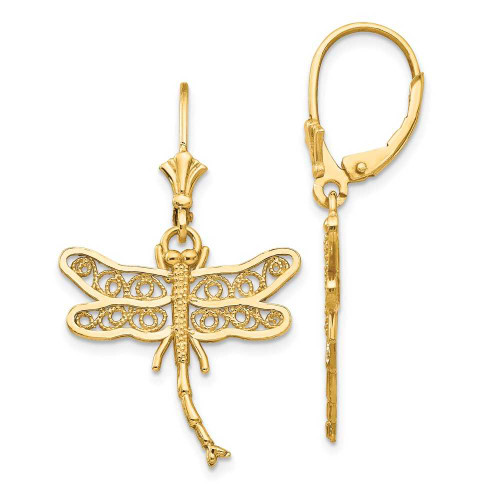 Image of 37mm 14K Yellow Gold Dragonfly w/ Filigree Wings Leverback Earrings