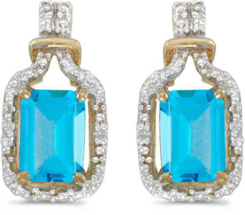 Image of 14k Yellow Gold Emerald-cut Blue Topaz And Diamond Stud Earrings